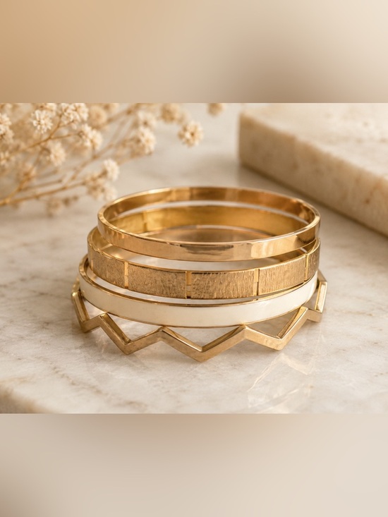 Jewelry - Gold Tone Bangle Bracelet Set | 4-Piece Mixed Texture Stack Minimalist Jewelry